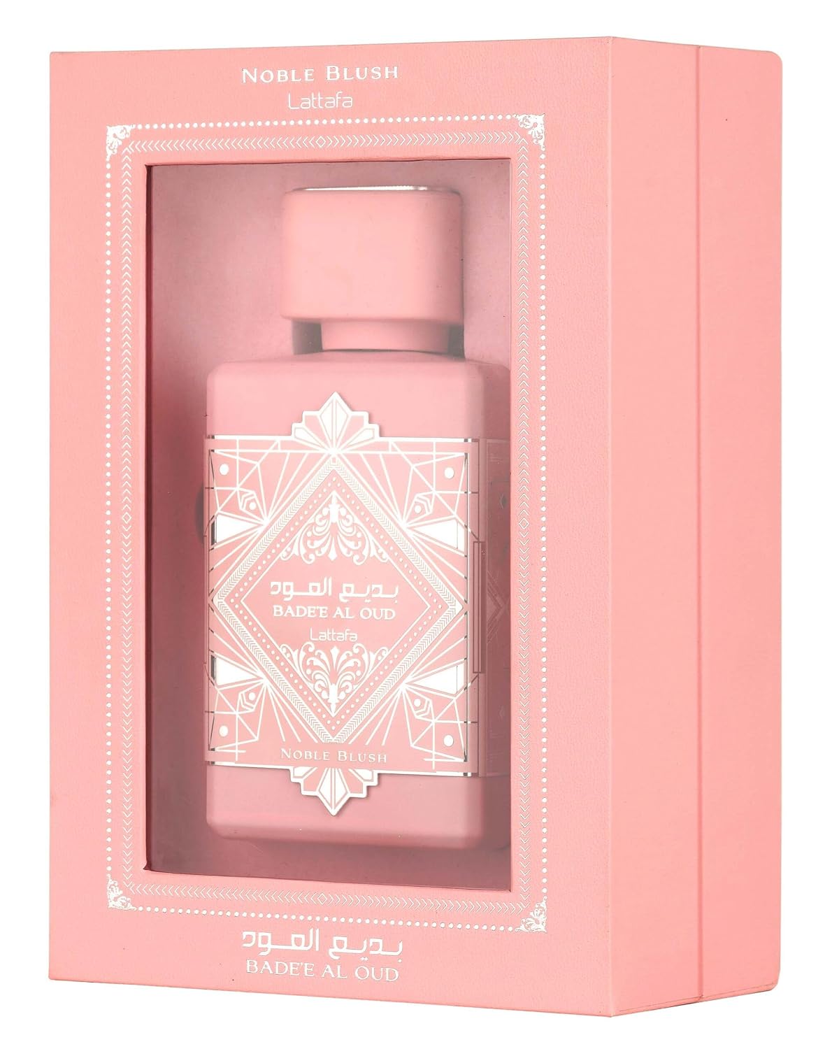 Hub Wavy Lattafa Bade'e Al Oud Noble Blush perfume bottle, 3.4 oz, unisex fragrance with elegant packaging.