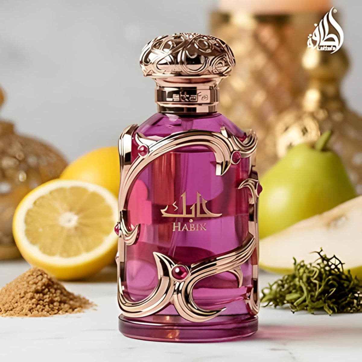 Hub Wavy Lattafa Habik perfume bottle, luxurious women's fragrance with elegant design, 3.4 oz/100 ml size.