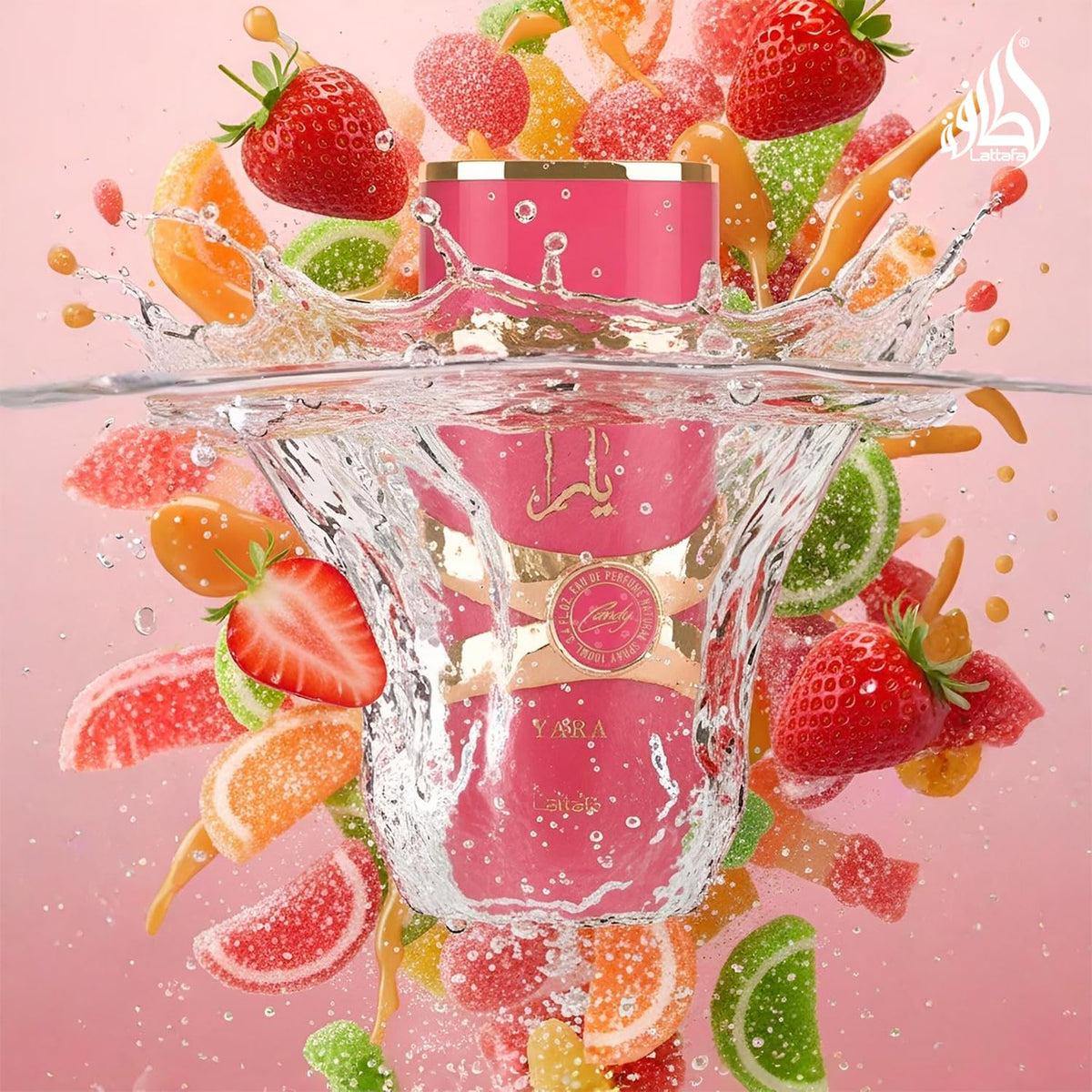 Lattafa Yara Candy perfume for women in 100 ml bottle, featuring a feminine fragrance with vibrant, sweet floral notes.