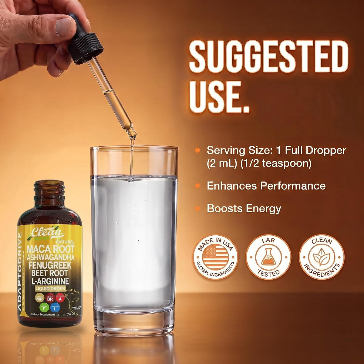 Clean Nutra Organic Maca Root Liquid Drops with Ashwagandha, Fenugreek, Beet Root and L-Arginine Liquid Multivitamin for Women and Men - Adapto Drive