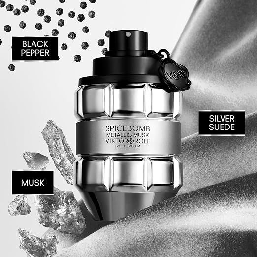 Viktor & Rolf Spicebomb Metallic Musk unisex perfume bottle, 3 oz / 90 ml, with a sleek metallic design and luxurious packaging.