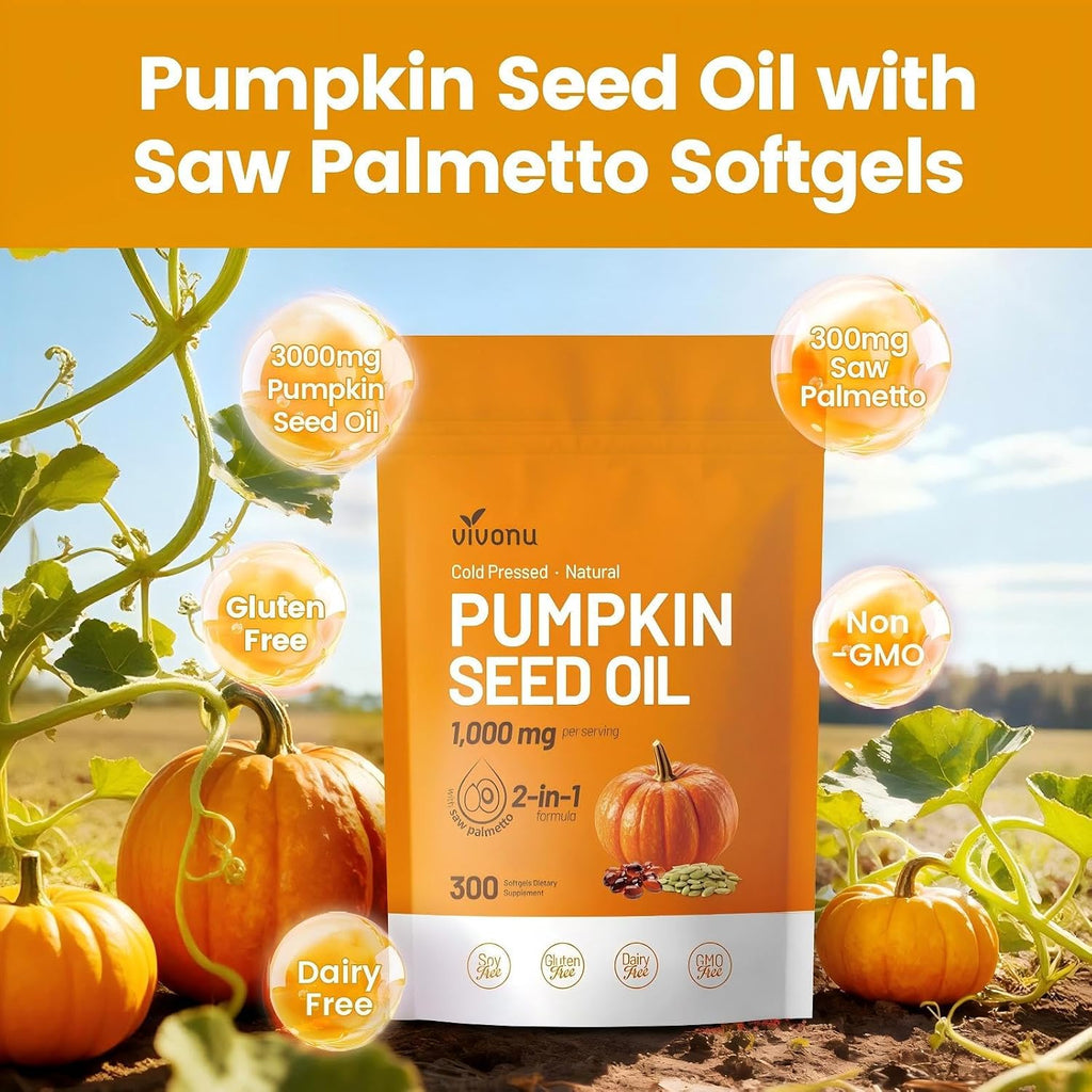 VivoNu Pumpkin Seed Oil with Saw Palmetto Capsules,300 Softgels,Non-GMO