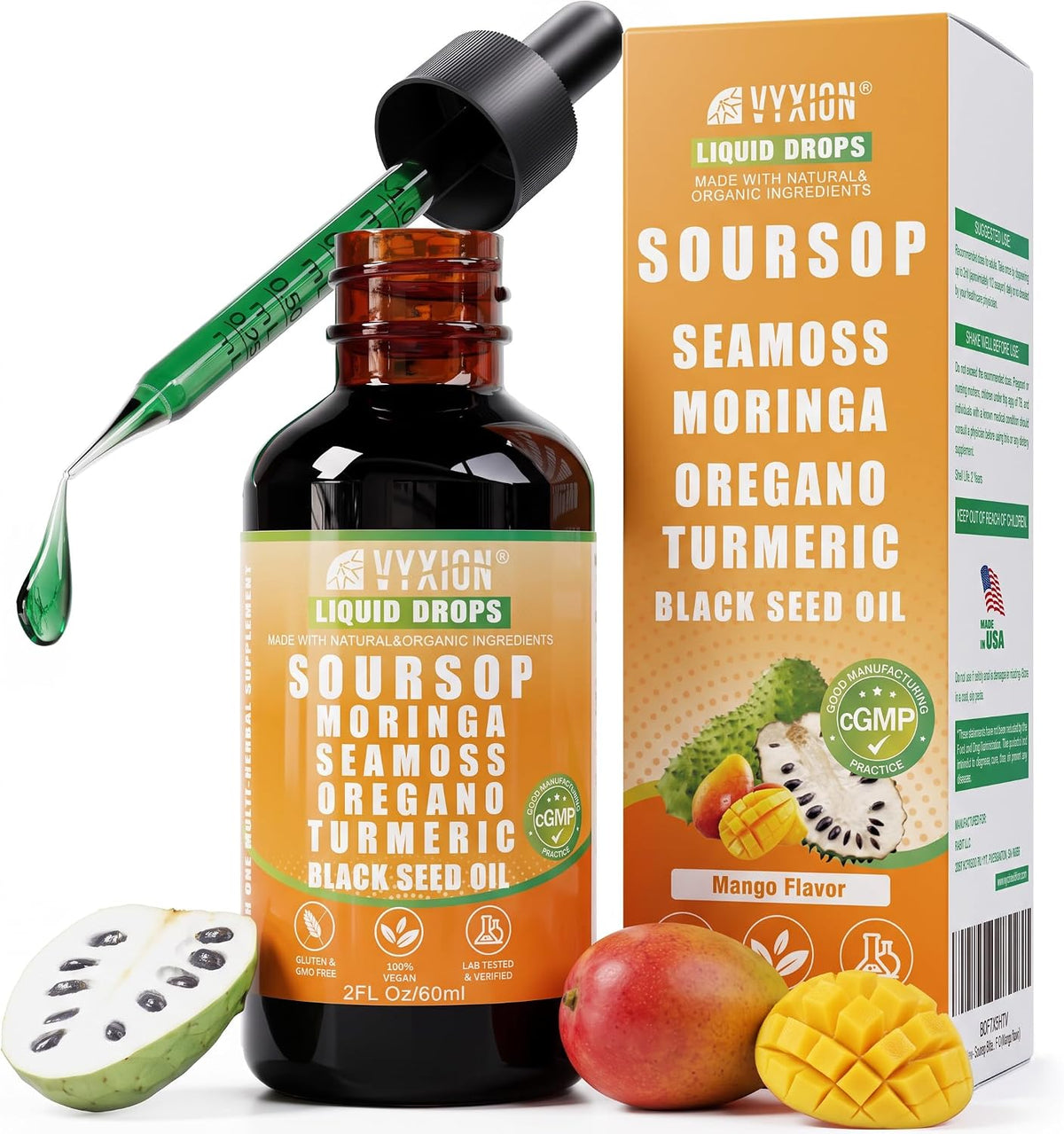 Vyxion Soursop Bitters Liquid Drops 10 in 1 with Sea Moss, Moringa, Turmeric, Black Seed Oil, Oregano, Ashwagandha | Herbal Extracts for Overall Health-Enhancing | Vegan, Non-GMO | 2 Fl Oz