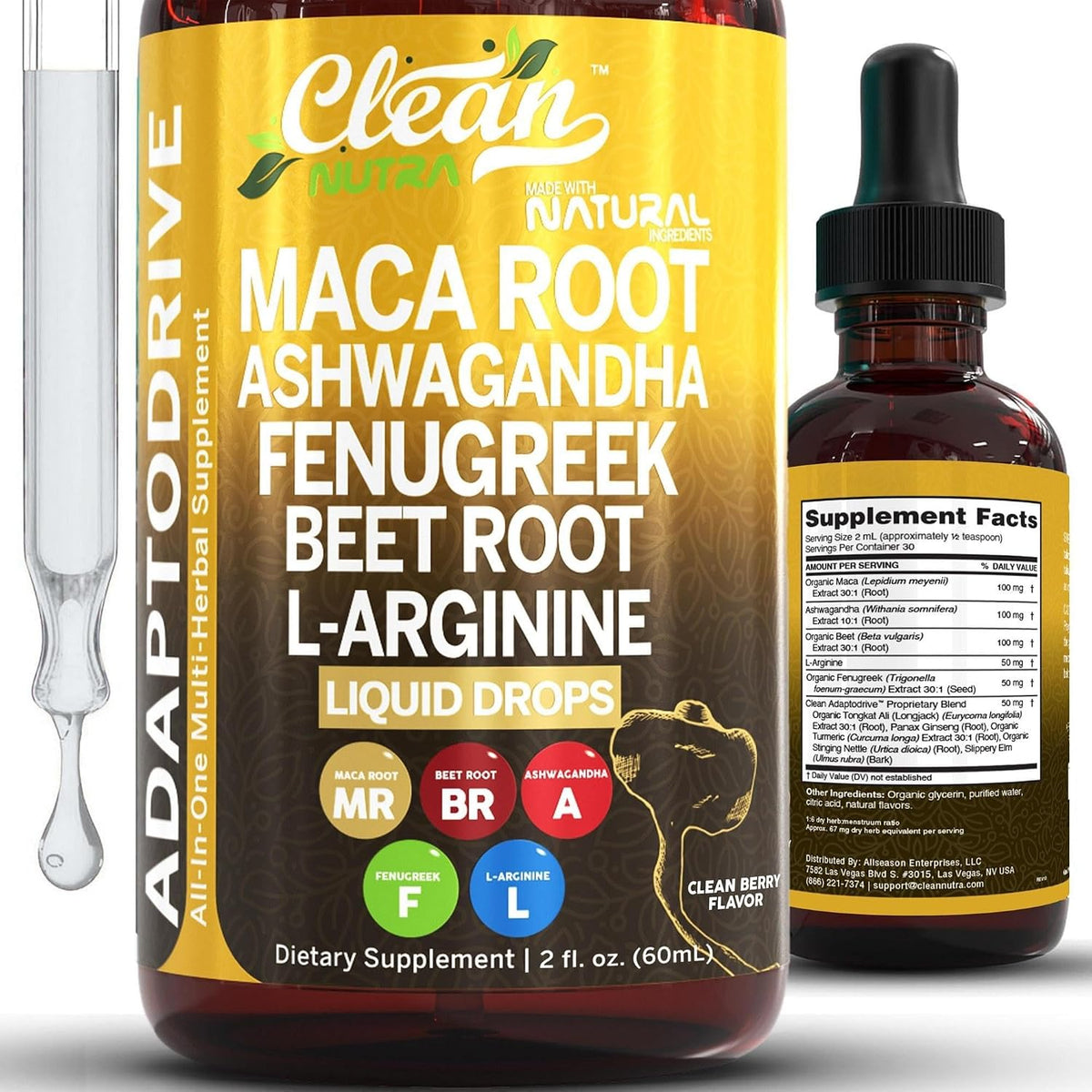 Clean Nutra Organic Maca Root Liquid Drops with Ashwagandha, Fenugreek, Beet Root and L-Arginine Liquid Multivitamin for Women and Men - Adapto Drive