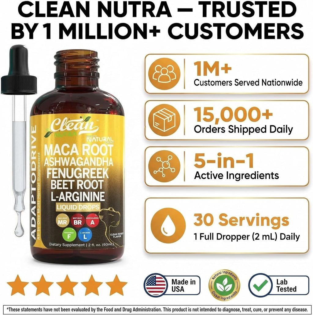 Clean Nutra Organic Maca Root Liquid Drops with Ashwagandha, Fenugreek, Beet Root and L-Arginine Liquid Multivitamin for Women and Men - Adapto Drive