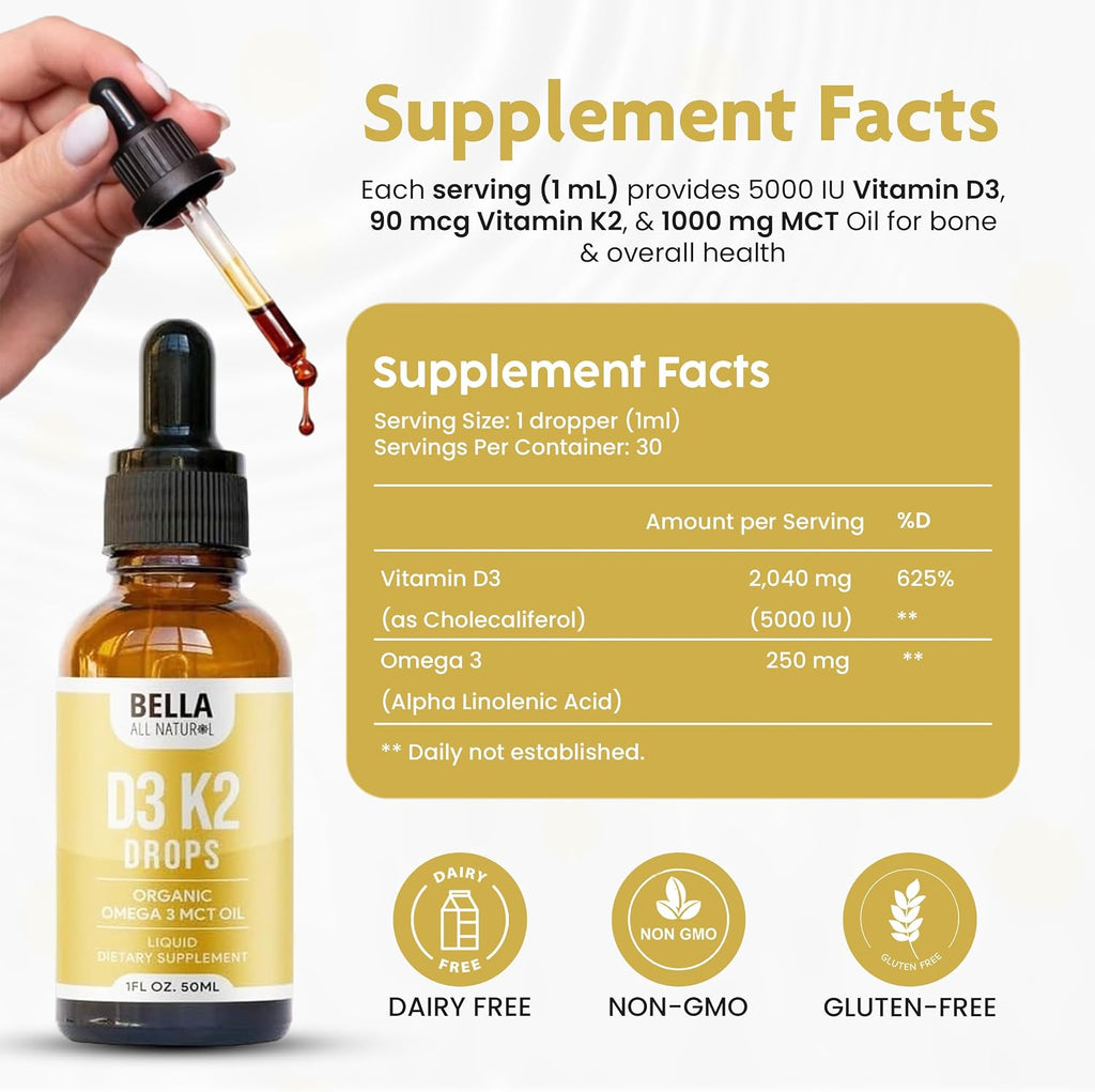Bella All Natural Vitamin D3 K2 Liquid Drops 5000 IU (Unflavored)