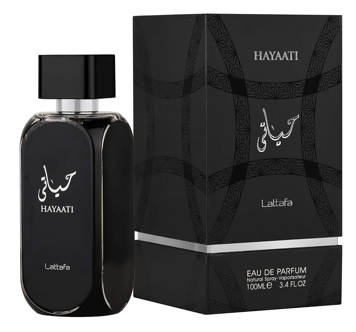 Hub Wavy Lattafa Hayaati perfume bottle for men, 3.4 oz, featuring luxurious fragrance and elegant packaging.