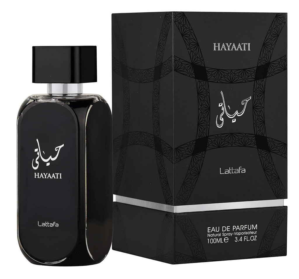 Hub Wavy Lattafa Hayaati perfume bottle, 3.4 oz luxury fragrance for men, elegant packaging, authentic scent display.