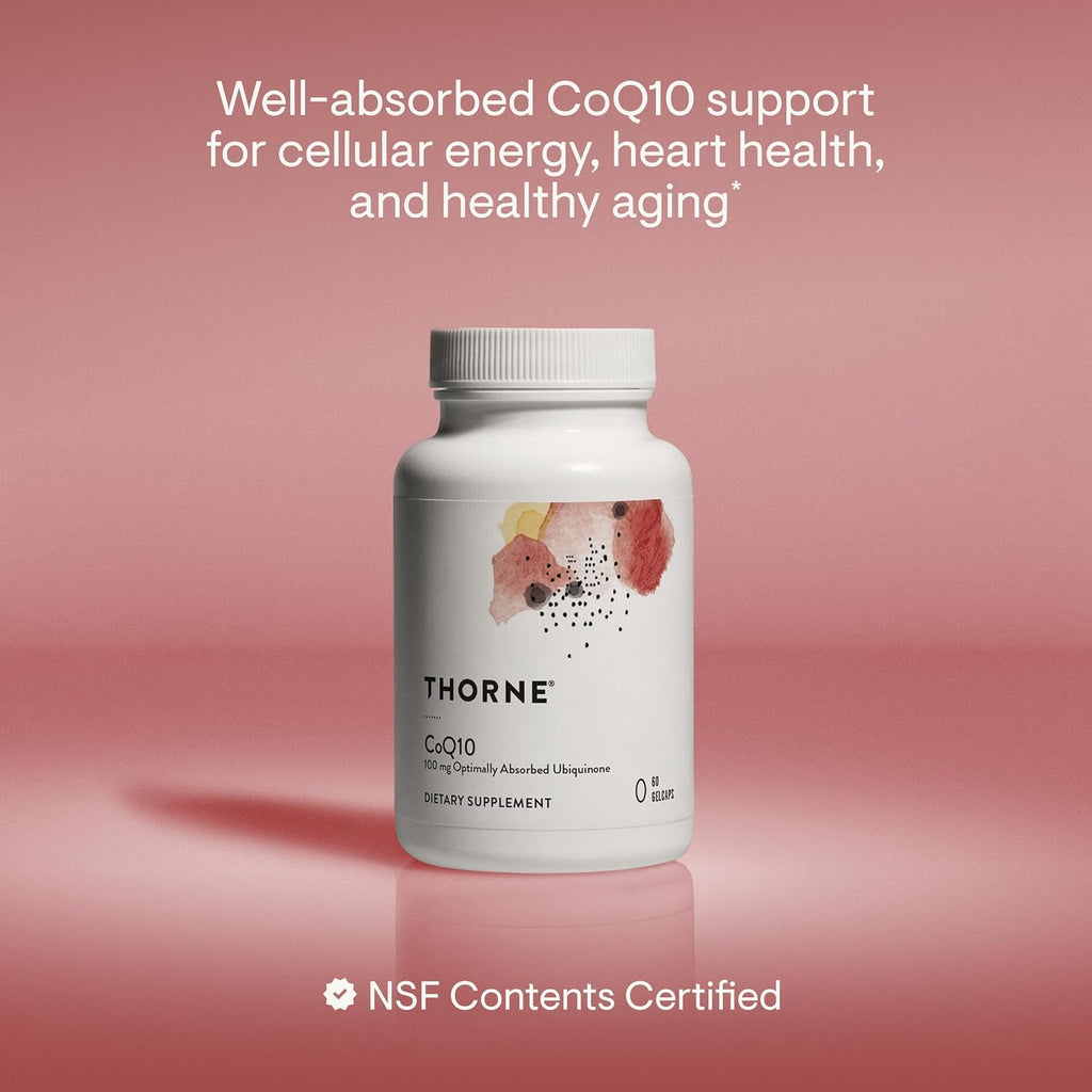 THORNE CoQ10, 100 mg Optimally Absorbed Ubiquinone Supplement, 60 Softgels | Supports Heart Health, Brain Function, Cellular Energy Production & Healthy Aging*, Gluten-Free, NSF Contents Certified