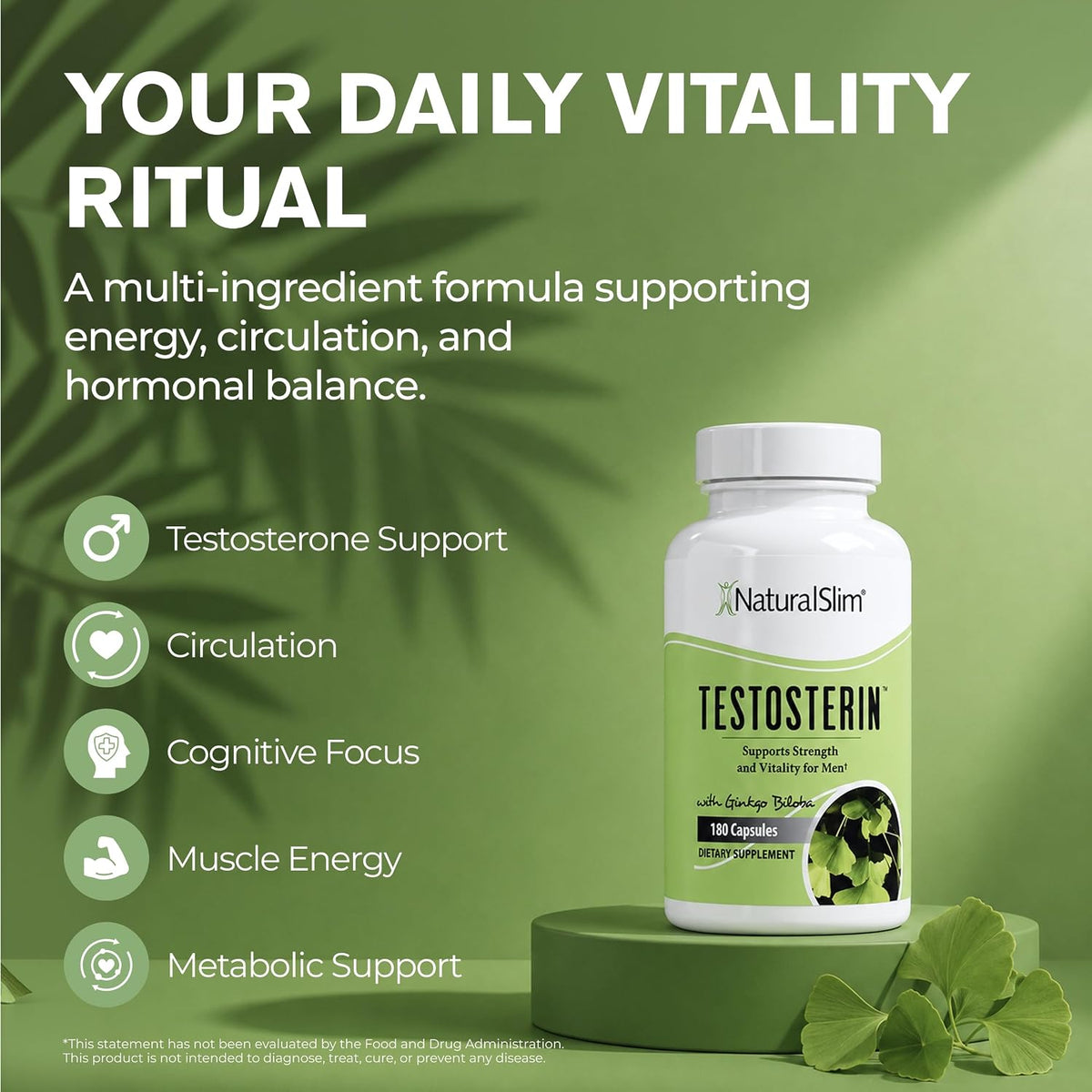 NaturalSlim Testosterin Testosterone Support, Ginkgo Biloba,180 Capsules