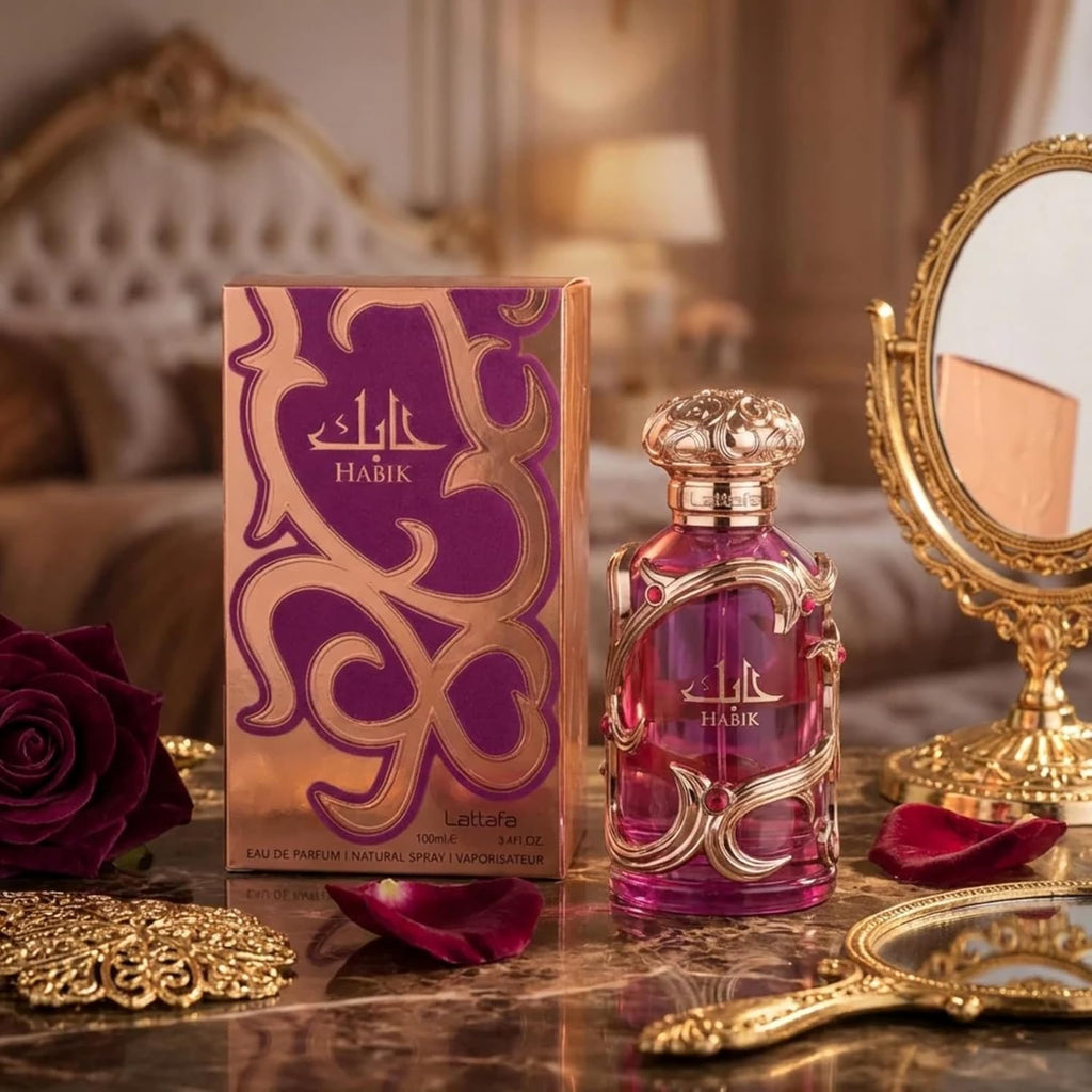 Hub Wavy Lattafa Habik perfume bottle, 100ml luxury women's fragrance with elegant design and floral scent details.
