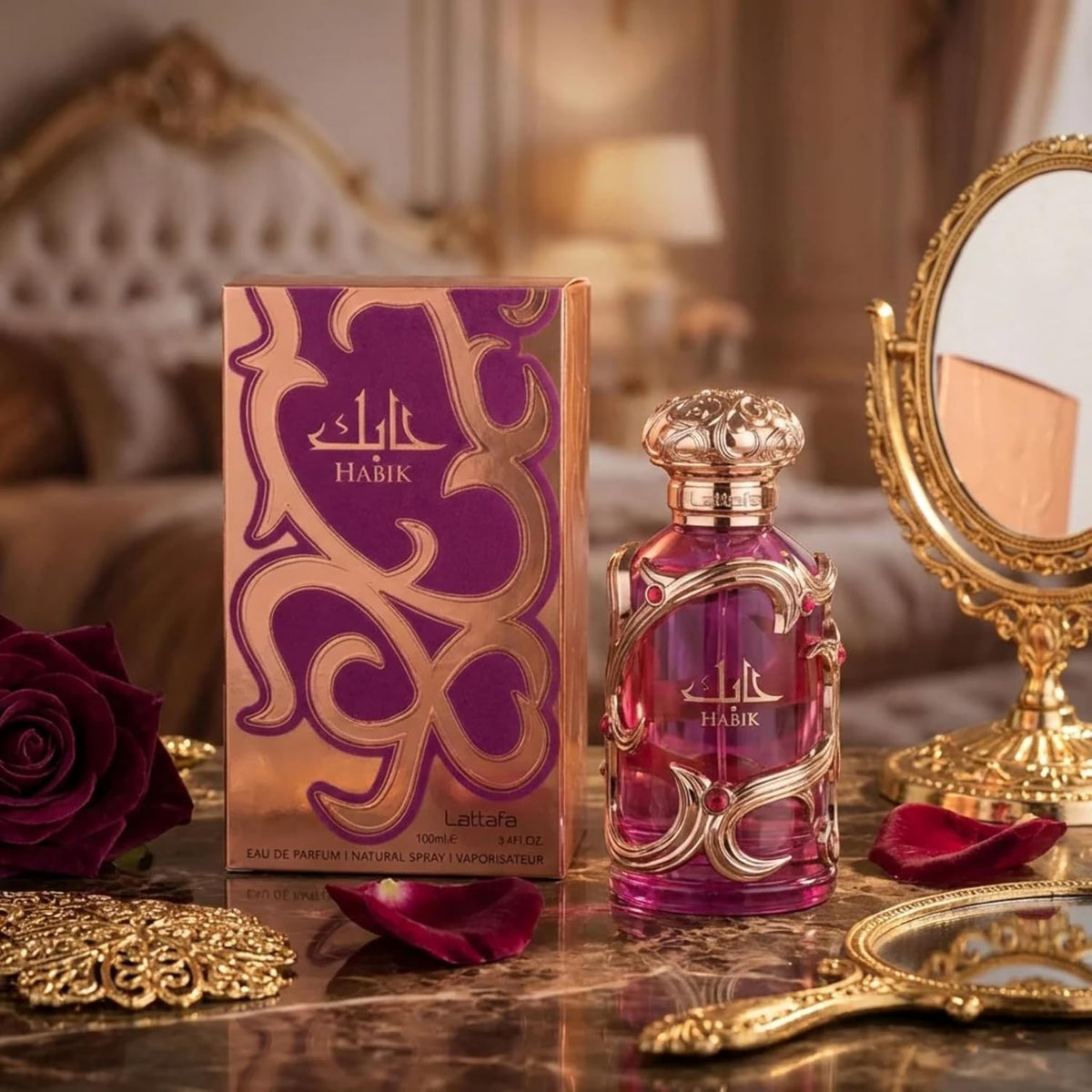 Hub Wavy Lattafa Habik perfume bottle, 100ml luxury women's fragrance with elegant design and floral scent details.