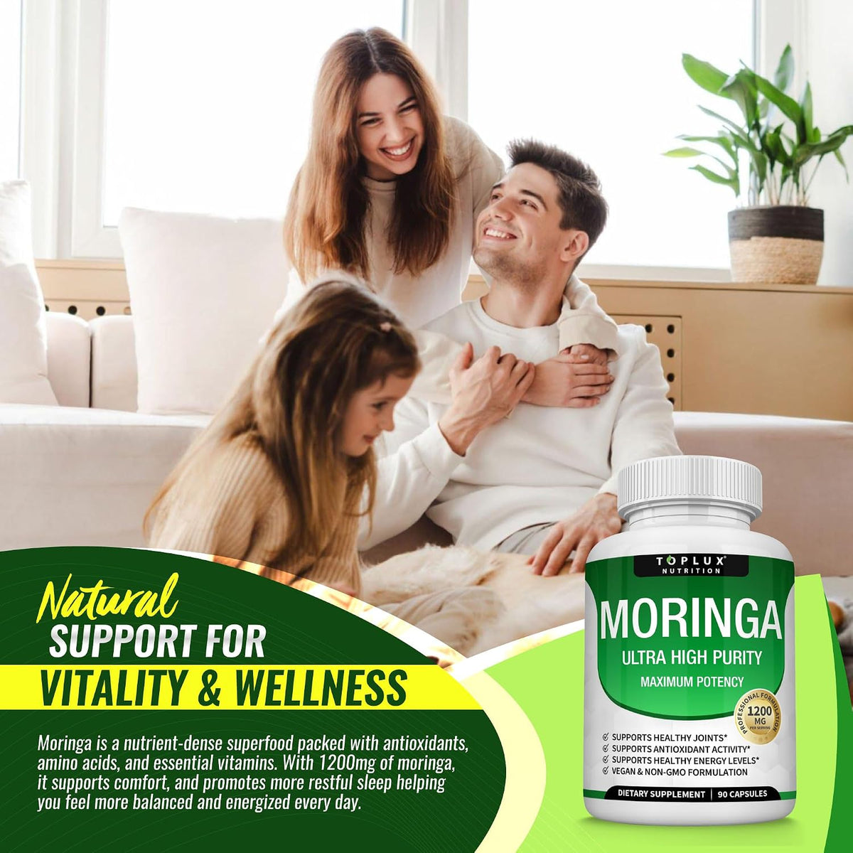 Toplux Moringa Capsules 1200mg – Pure Moringa Powder High Potency Leaf Extract Green Superfood Rich in Antioxidant, for Energy & Immune Support, Vegan Non-GMO 90 Capsules
