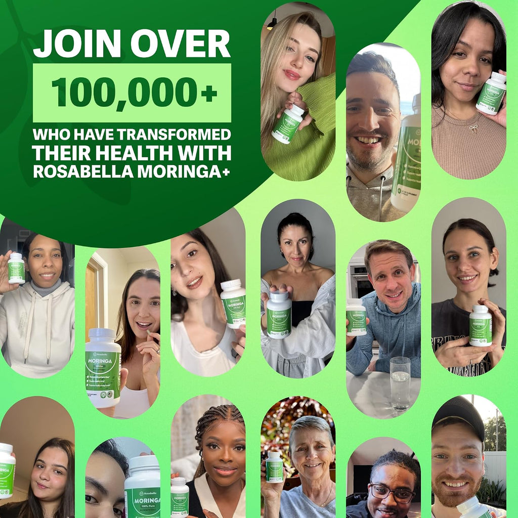 Rosabella Moringa+ Capsules - Pure Moringa Powder, Energy, Skin, Immune & Gut Health Superfood, Rich in Antioxidants, Essential Vitamins & Amino Acids, Natural Green Superfood Supplement - 60 Count