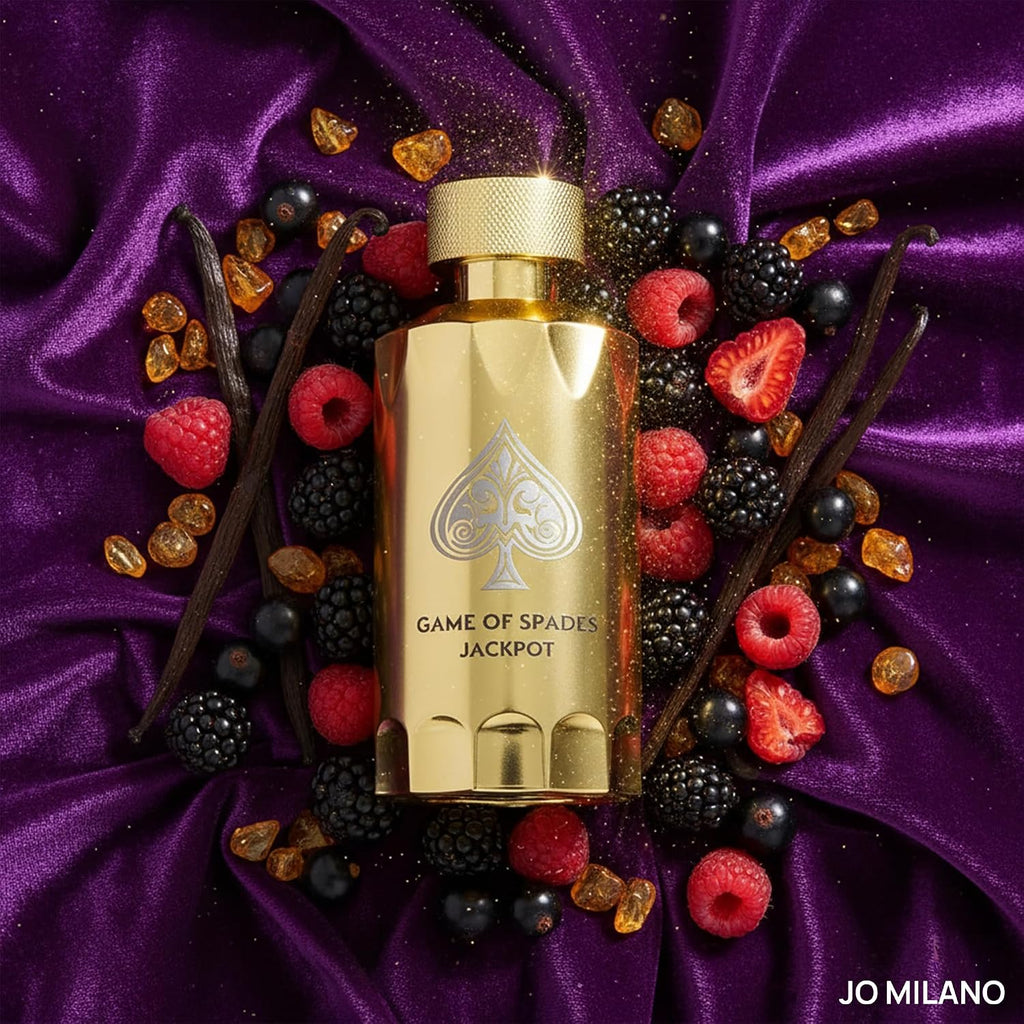 Hub Wavy Jo Milano Game of Spades luxury unisex perfume bottle with black and gold design, 3.4 fl oz (100 ml).