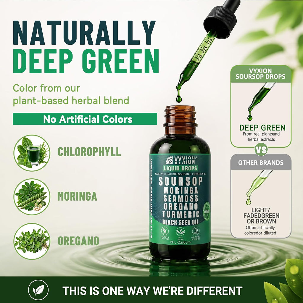 Vyxion Soursop Bitters Liquid Drops 10 in 1 with Sea Moss, Moringa, Turmeric, Black Seed Oil, Oregano, Ashwagandha | Herbal Extracts for Overall Health-Enhancing | Vegan, Non-GMO | 2 Fl Oz