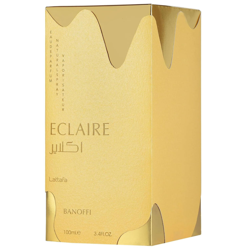 Hub Wavy Lattafa Eclaire Banoffi perfume bottle, luxury women’s fragrance with rich, long-lasting scent in a 3.4 oz bottle.