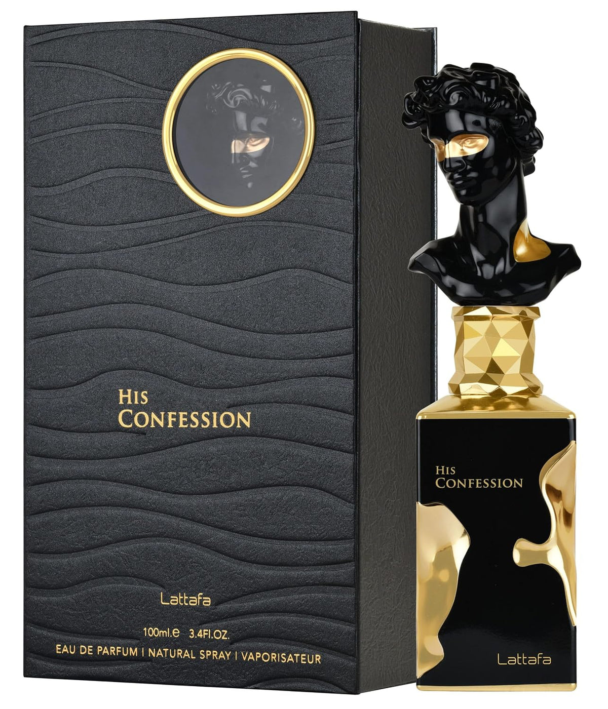 Hub Wavy Lattafa His Confession perfume bottle, 100 ml, long-lasting woody fresh scent for men, elegant fragrance packaging