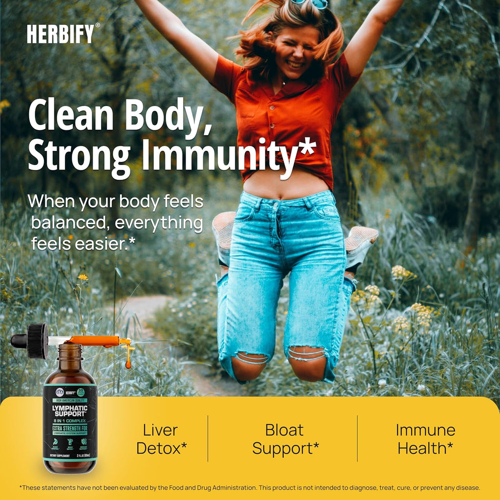 HERBIFY Lymphatic Drainage Drops for Liver Detox & Immune Support – Lymph System Support Drops - Detox Cleanse - 2 Fl Oz Made in USA