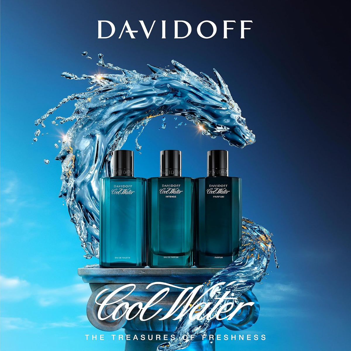 Hub Wavy Davidoff Cool Water perfume bottle, 4.2 oz men's fragrance with sleek design and clear glass packaging