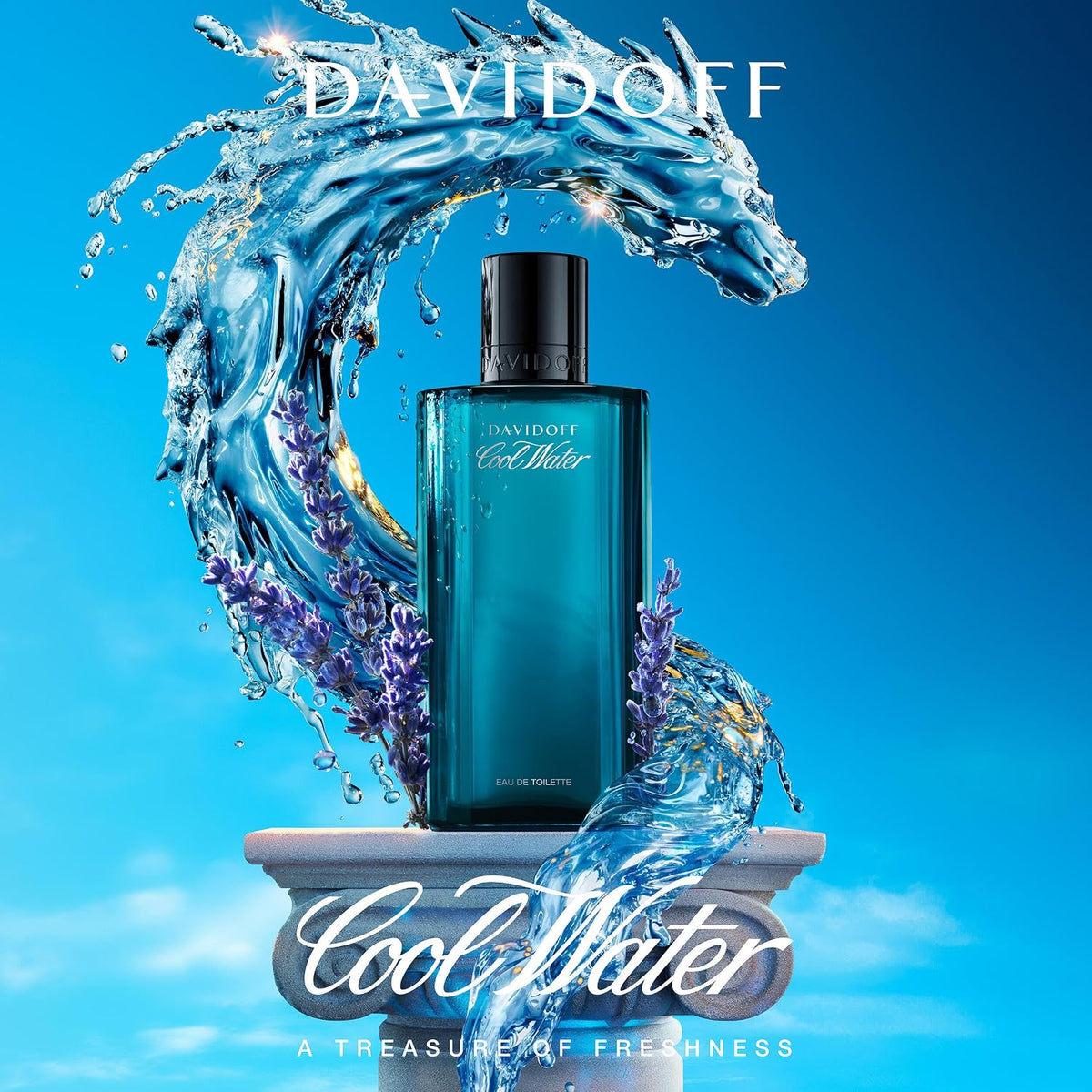 Hub Wavy Davidoff Cool Water perfume bottle, 4.2 oz men's fragrance, clear glass with blue liquid, stylish cap on a white background