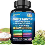 Cortisol Supplement Magnesium Glycinate 200mg L-Theanine 150mg Ashwagandha 150mg Phosphatidylserine 50mg & Cortisol Manager Lions Mane Holy Basil Ginkgo Biloba Bacopa Monnieri Valerian Root (60 Caps)