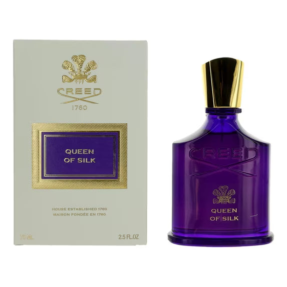 Creed Queen of Silk perfume spray for women, 2.5 oz, featuring elegant fragrance bottle with gold accents and floral design.