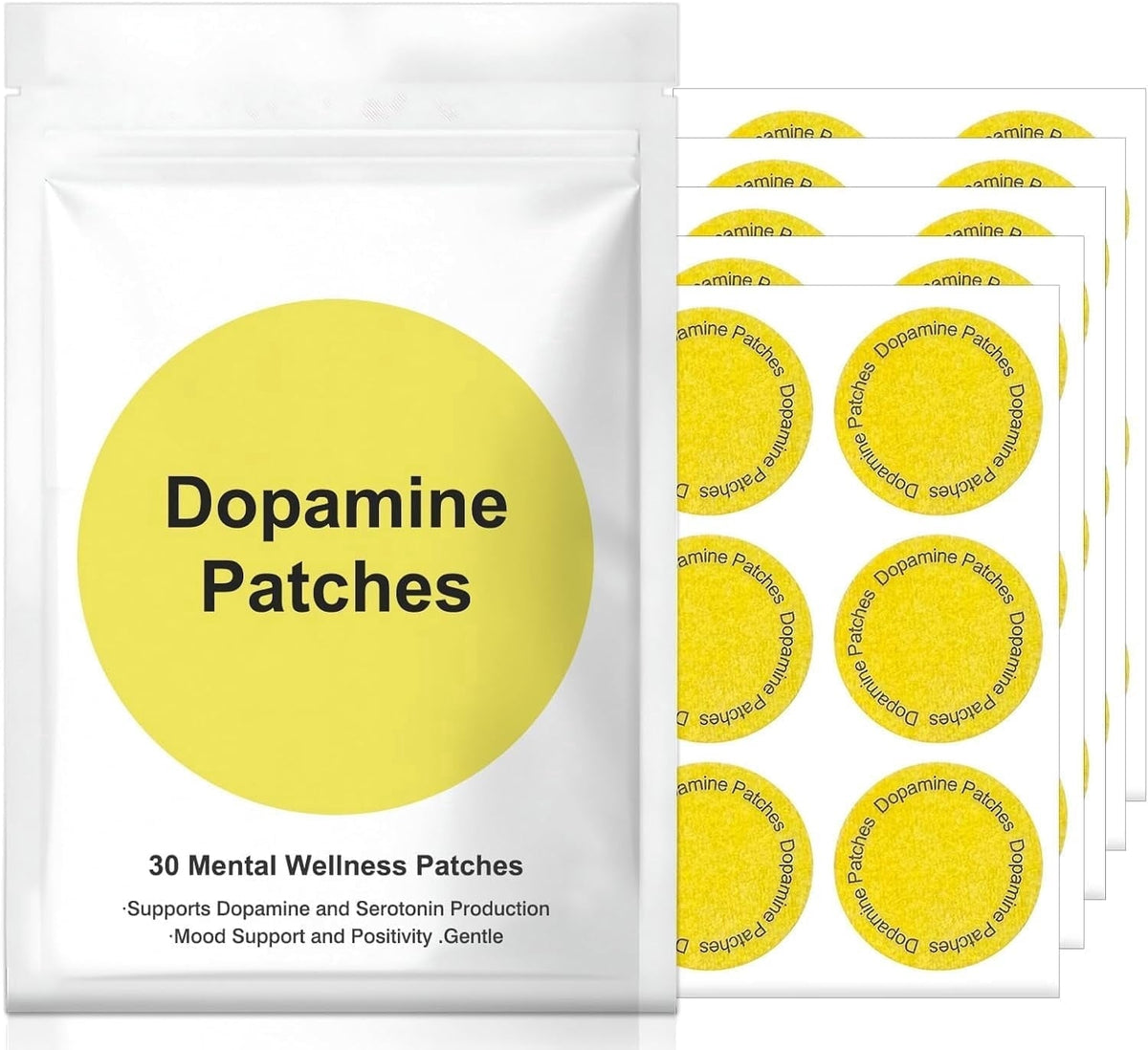 Dopamine Patches for Mental Wellness, Vegan Mood Support with 5-HTP, Lion's Mane & Rhodiola, 8-Hour Steady Release Transdermal Patch, 30 Count