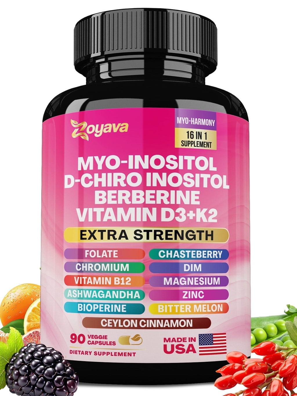 Zoyava Myo Inositol Women's Supplement 750mg, Berberine 500mg, D-Chiro Inositol 50mg, Folate 400mcg, Chromium 100mcg, Ceylon Cinnamon 200mg, Ashwagandha 100mg, DIM 75mg, 90 Capsules