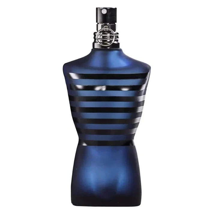 Jean Paul Gaultier Le Male Elixir perfume sample bottle for men, 4.2 oz, with stylish packaging and blue accents.