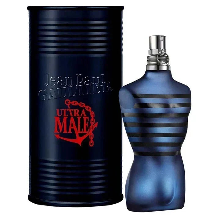 Jean Paul Gaultier Le Male Elixir perfume bottle with packaging, 125ml men's fragrance by Hub Wavy, elegant glass and box design