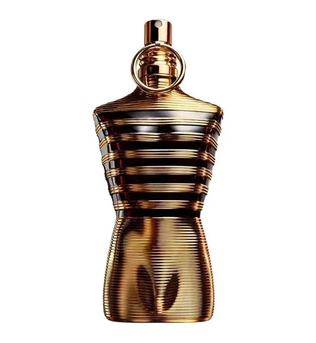 Jean Paul Gaultier Le Male Elixir perfume bottle for men, 2.5 oz, sleek design with clear glass and silver accents.