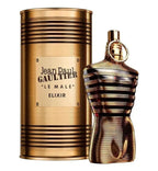 Jean Paul Gaultier Le Male Elixir perfume for men in 75 ml bottle, featuring sleek packaging and luxury fragrance design.