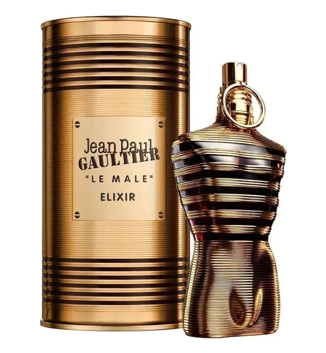 Jean Paul Gaultier Le Male Elixir perfume for men in 75 ml bottle, featuring sleek packaging and luxury fragrance design.
