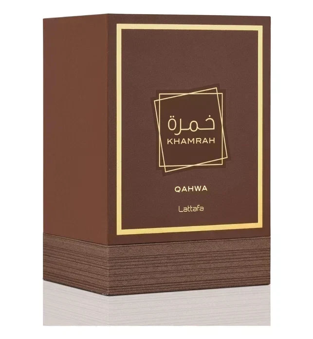 Hub Wavy Lattafa Khamrah Qahwa perfume bottle with a sleek design, showcasing a woody, fresh scent for unisex use.
