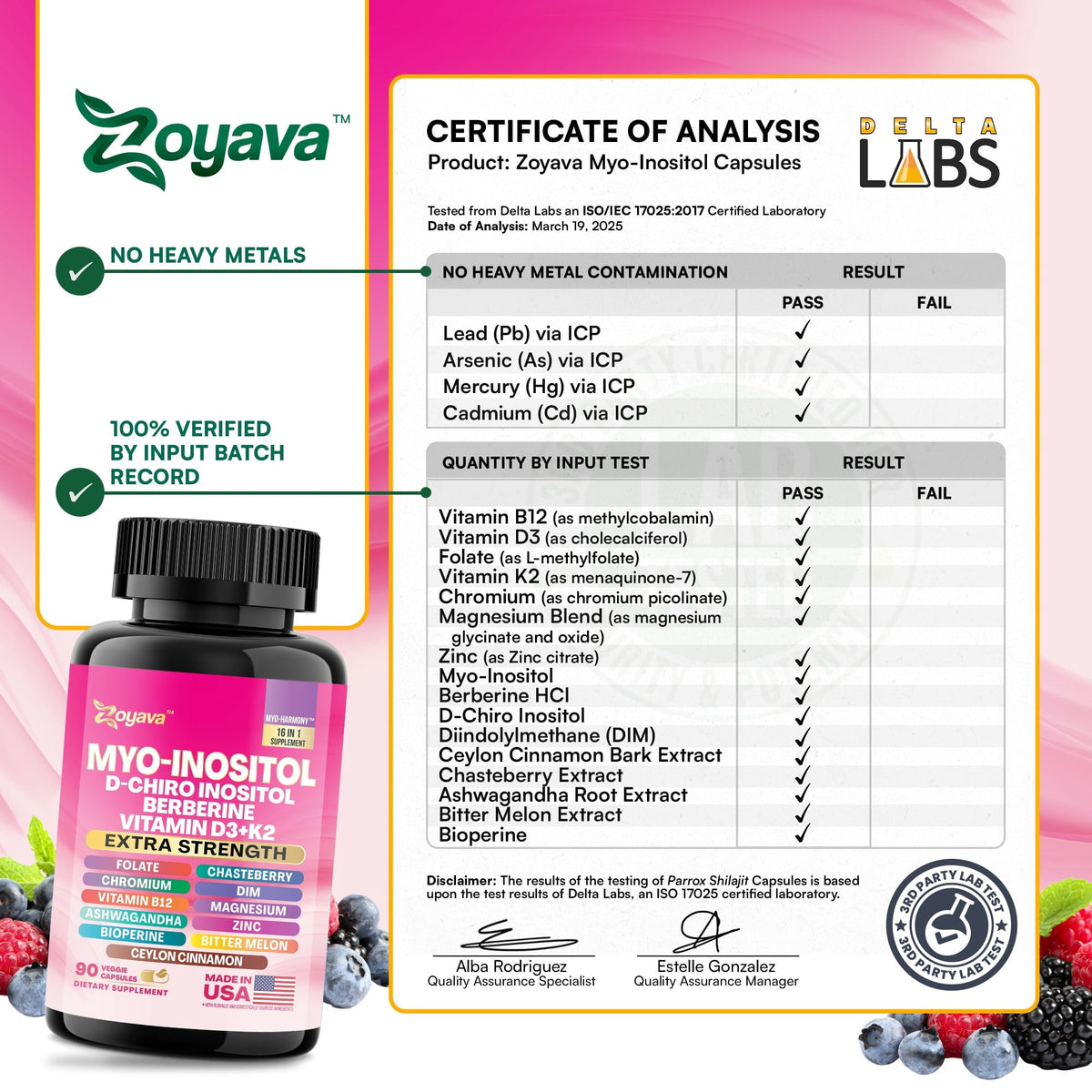 Zoyava Myo Inositol Women's Supplement 750mg, Berberine 500mg, D-Chiro Inositol 50mg, Folate 400mcg, Chromium 100mcg, Ceylon Cinnamon 200mg, Ashwagandha 100mg, DIM 75mg, 90 Capsules