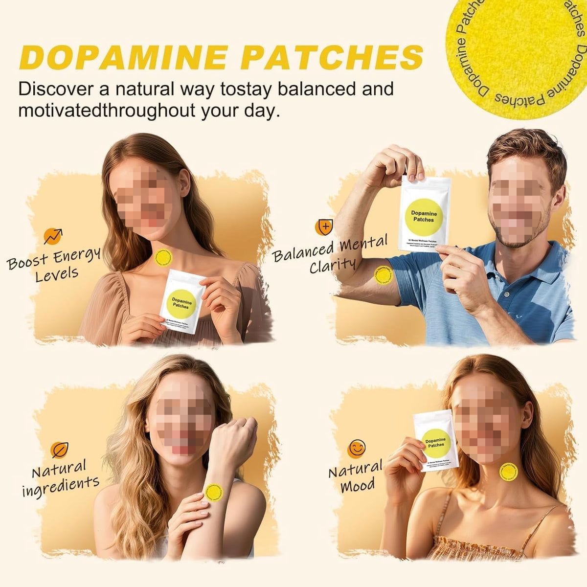 Dopamine Patches for Mental Wellness, Vegan Mood Support with 5-HTP, Lion's Mane & Rhodiola, 8-Hour Steady Release Transdermal Patch, 30 Count
