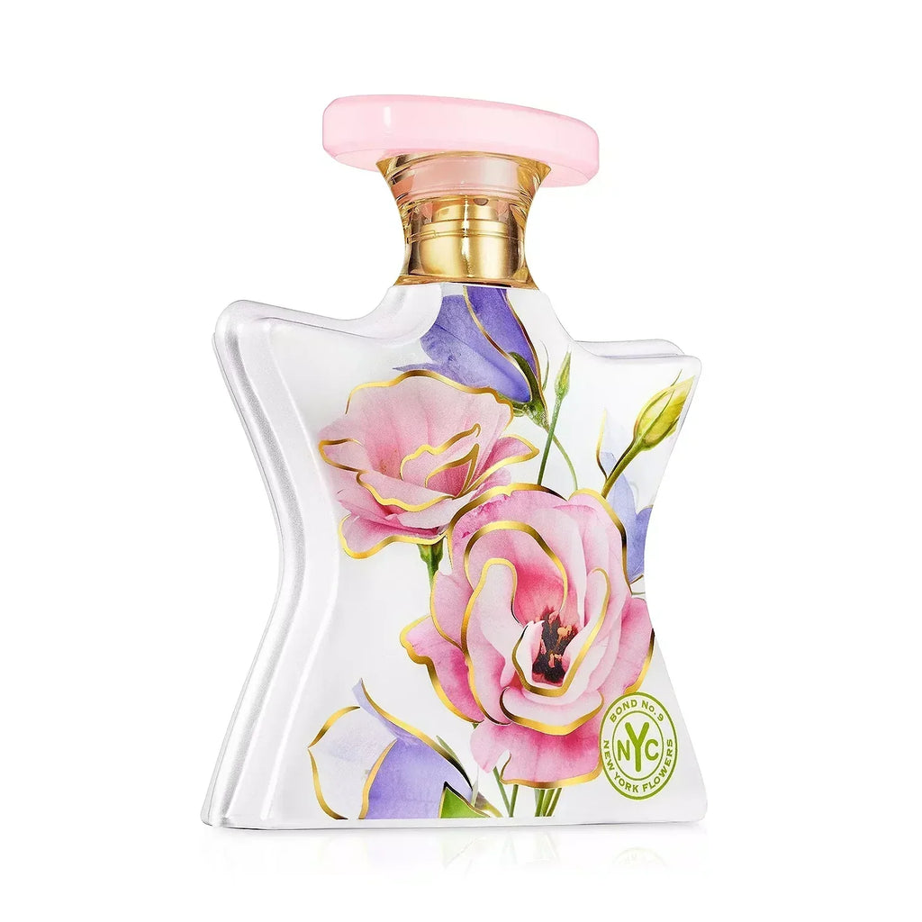 Bond No. 9 New York New York Flowers perfume bottle with a sleek glass flacon and floral design, for unisex use.