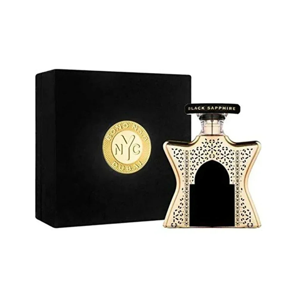 Bond No. 9 Dubai Black Sapphire unisex perfume bottle with black and silver accents, 3.4 fl oz / 100 ml, by Hub Wavy