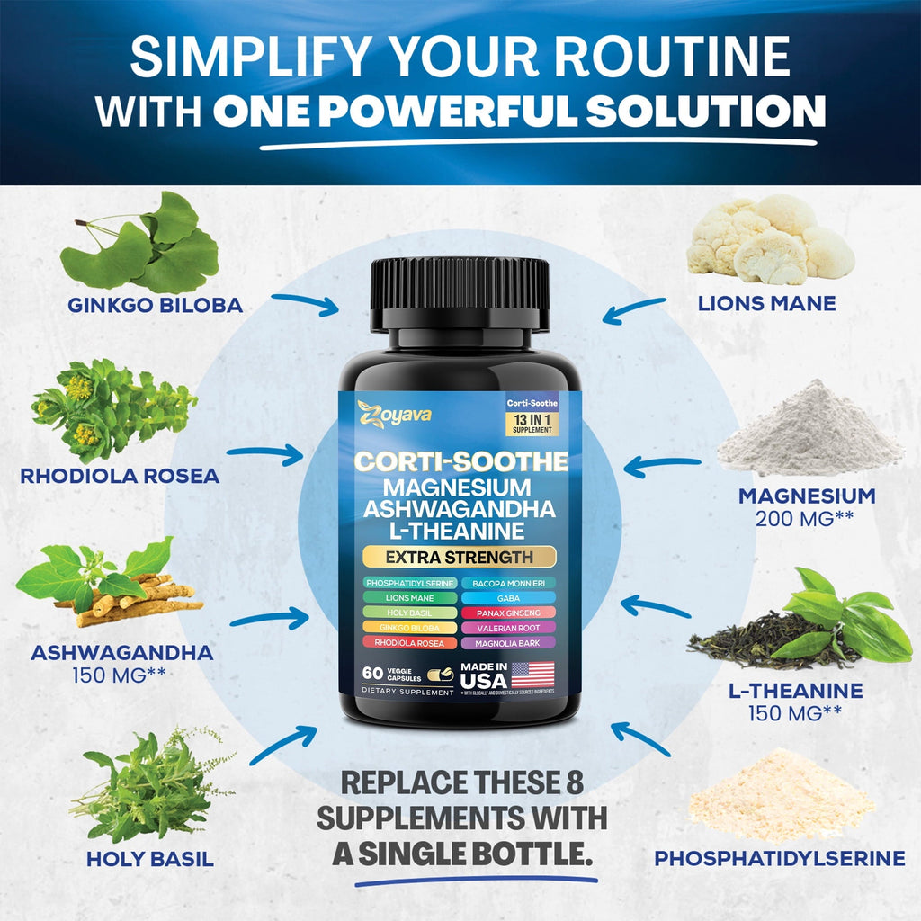 Cortisol Supplement Magnesium Glycinate 200mg L-Theanine 150mg Ashwagandha 150mg Phosphatidylserine 50mg & Cortisol Manager Lions Mane Holy Basil Ginkgo Biloba Bacopa Monnieri Valerian Root (60 Caps)