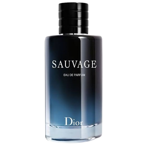 Hub Wavy Dior Sauvage 3.4 oz men's fragrance bottle with sleek design, featuring dark blue and silver accents.