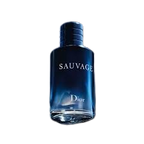 Hub Wavy Dior Sauvage 3.4 oz men's fragrance bottle, sleek design, clear glass with dark blue liquid inside.