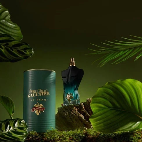 Jean Paul Gaultier Le Beau men's fragrance bottle with sleek design, 2.5 oz size, and stylish branding on a neutral background.