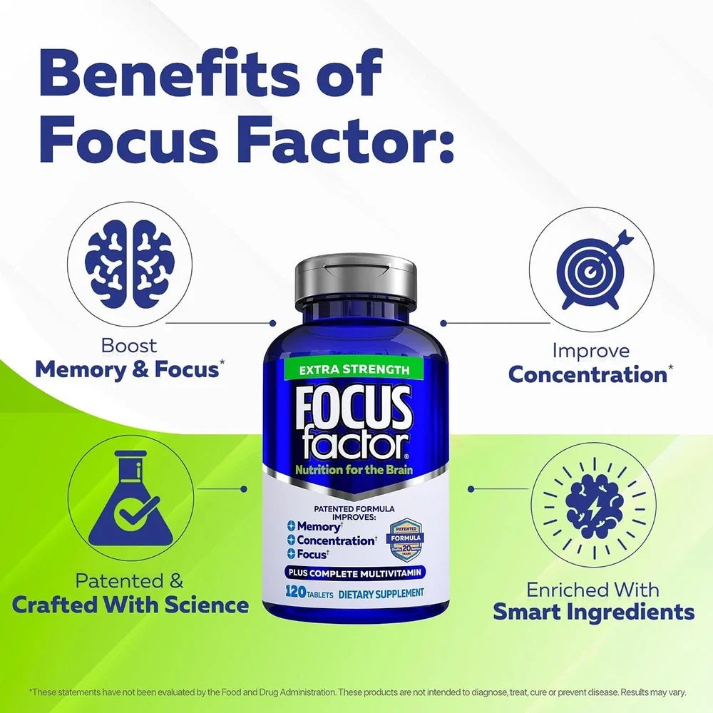 Focus Factor Adults Extra Strength, 120 Count - Brain Supplement for Memory, Con