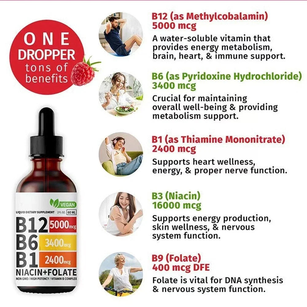 5- IN-1 Vitamin B Complex B12 Sublingual Liquid Drops B6 B1 + Niacin & Folate US