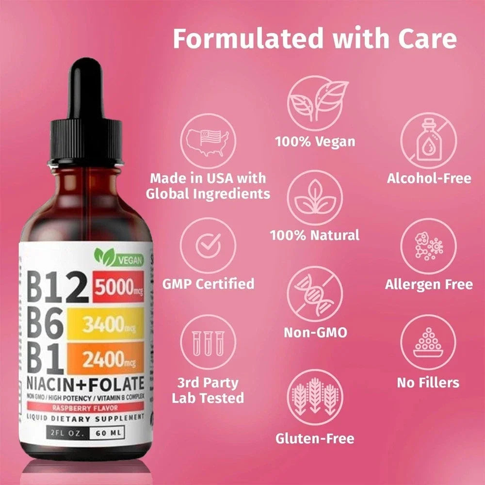 5- IN-1 Vitamin B Complex B12 Sublingual Liquid Drops B6 B1 + Niacin & Folate US