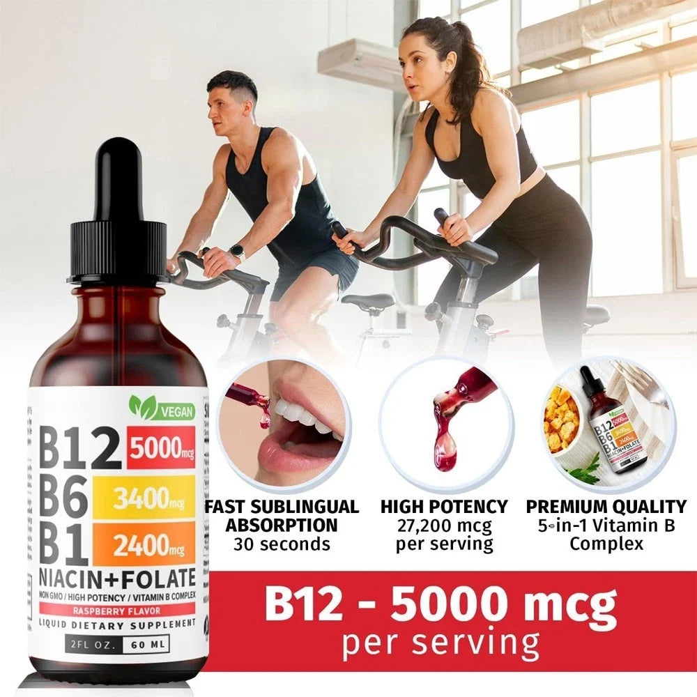 5- IN-1 Vitamin B Complex B12 Sublingual Liquid Drops B6 B1 + Niacin & Folate US
