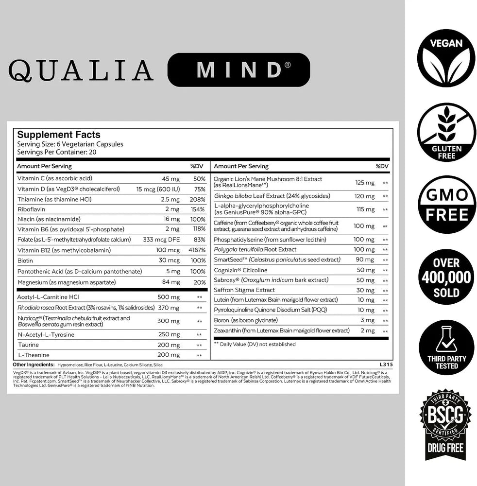 Qualia Mind 2.0 Nootropic Brain Supplement Focus Memory Energy 120 Capsules