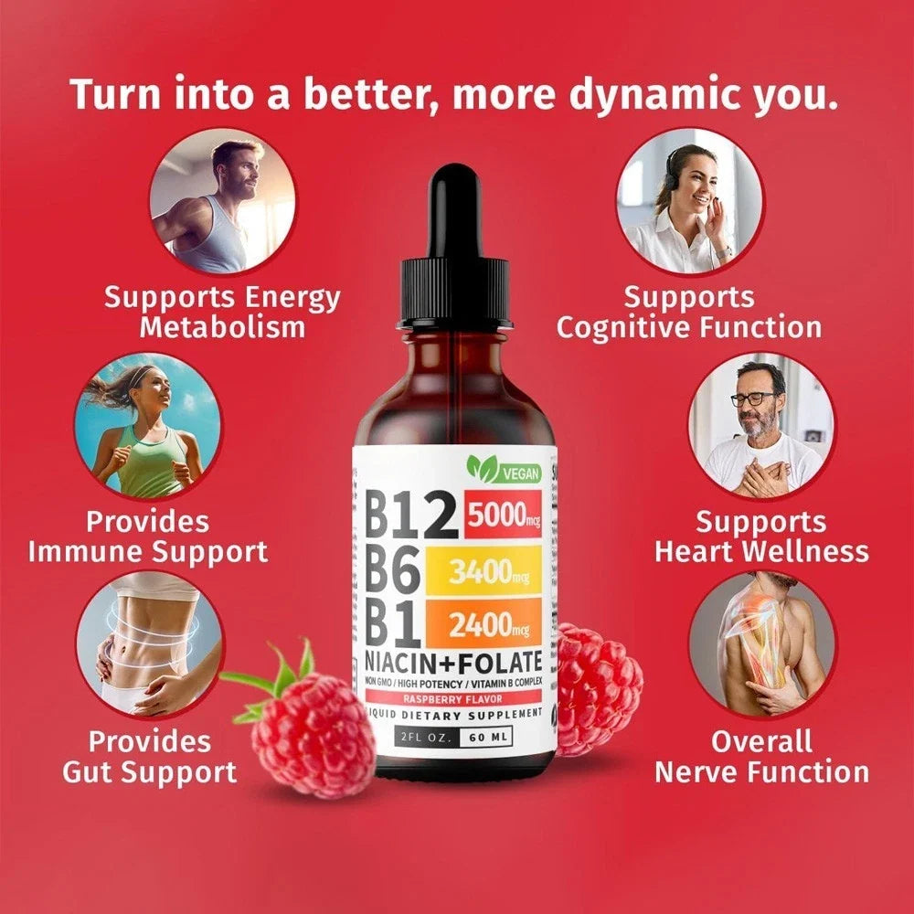 5- IN-1 Vitamin B Complex B12 Sublingual Liquid Drops B6 B1 + Niacin & Folate US