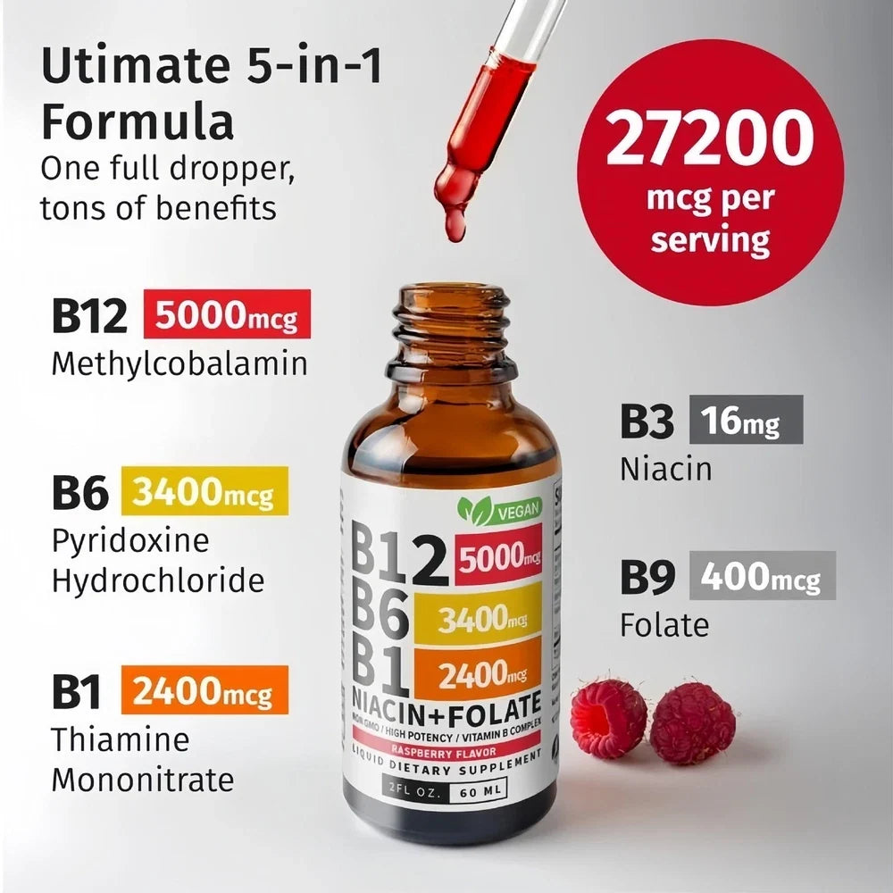 5- IN-1 Vitamin B Complex B12 Sublingual Liquid Drops B6 B1 + Niacin & Folate US